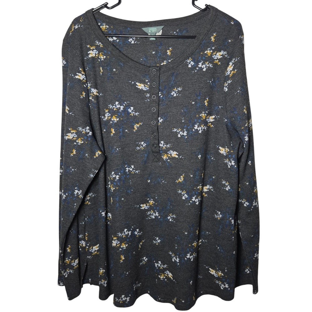 Terra & Sky Women Henley Waffle Knit Floral Long Sleeve Top 2X Cottage Boho Fall